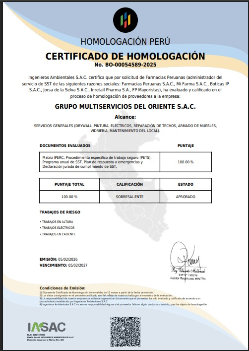 Certificado de homologación Grupo Multiservicios del Oriente S.A.C.